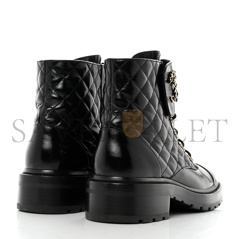 CHANEL SHINY CALFSKIN QUILTED LACE UP COMBAT BOOTS 